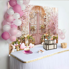 Lofaris Toile de fond de Pâques avec porte rustique et cerisiers en fleurs, décor printanier pour séance photo