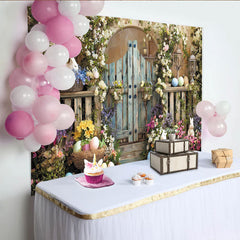 Lofaris Toile de fond de Pâques printanière avec lapins œufs et fleurs, magnifique arrière-plan rustique de jardin pour photographie