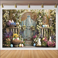Lofaris Toile de fond de Pâques printanière avec lapins œufs et fleurs, magnifique arrière-plan rustique de jardin pour photographie