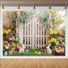 Lofaris Toile de fond de Pâques avec lapins, œufs et fleurs printanières, magnifique arrière-plan de printemps pour studio photo