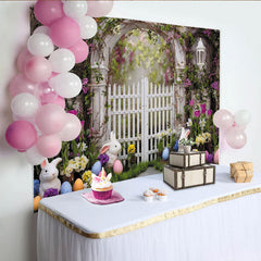Lofaris Toile de fond photo de Pâques avec lapins et œufs colorés, magnifique décor de jardin fleuri pour studio de printemps