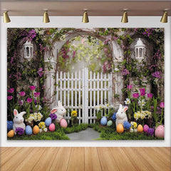 Lofaris Toile de fond photo de Pâques avec lapins et œufs colorés, magnifique décor de jardin fleuri pour studio de printemps