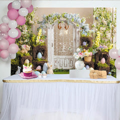 Lofaris Toile de fond de Pâques printanière avec porte en bois blanc et fleurs, décor champêtre pour séance photo et célébration familiale