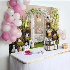 Lofaris Toile de fond de Pâques printanière avec porte en bois blanc et fleurs, décor champêtre pour séance photo et célébration familiale