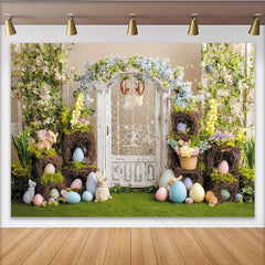Lofaris Toile de fond de Pâques printanière avec porte en bois blanc et fleurs, décor champêtre pour séance photo et célébration familiale