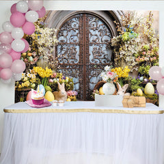 Lofaris Toile de fond de Pâques avec lapins et œufs colorés, magnifique arrière-plan floral printanier pour studio et célébrations