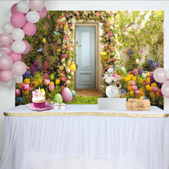 Lofaris Toile de fond de Pâques printanière avec fleurs colorées et œufs, charmant décor de jardin avec lapin et arche pour studio photo