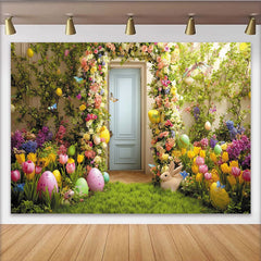 Lofaris Toile de fond de Pâques printanière avec fleurs colorées et œufs, charmant décor de jardin avec lapin et arche pour studio photo