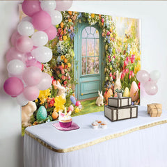 Lofaris Toile de fond de Pâques printanière avec lapins, œufs et fleurs colorées, magnifique arrière-plan de jardin fleuri pour séance photo