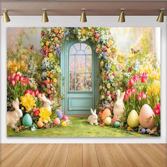 Lofaris Toile de fond de Pâques printanière avec lapins, œufs et fleurs colorées, magnifique arrière-plan de jardin fleuri pour séance photo