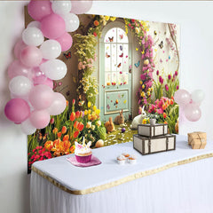 Lofaris Toile de fond de Pâques printanière avec lapins et œufs colorés, magnifique décor pour séance photo et célébration