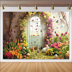 Lofaris Toile de fond de Pâques printanière avec lapins et œufs colorés, magnifique décor pour séance photo et célébration