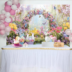 Lofaris Toile de fond de Pâques avec arche fleurie, œufs et lapins, arrière-plan coloré pour studio photo et fête de printemps