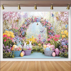 Lofaris Toile de fond de Pâques avec arche fleurie, œufs et lapins, arrière-plan coloré pour studio photo et fête de printemps