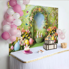 Lofaris Toile de fond de pâques avec arche fleurie et lapins, décor printanier coloré pour séance photo