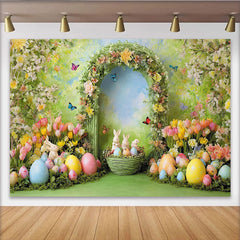 Lofaris Toile de fond de pâques avec arche fleurie et lapins, décor printanier coloré pour séance photo