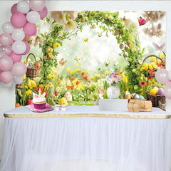 Lofaris Toile de fond pour Pâques avec arche florale, œufs et lapins, magnifique décor de jardin printanier pour séance photo