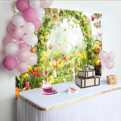 Lofaris Toile de fond pour Pâques avec arche florale, œufs et lapins, magnifique décor de jardin printanier pour séance photo