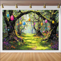 Lofaris Toile de fond de photographie de Pâques forêt enchantée et œufs colorés, magnifique arrière-plan printanier pour studio photo