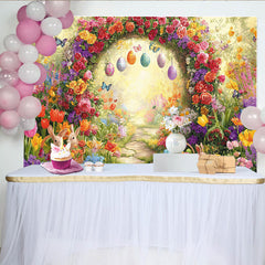 Lofaris Toile de fond de Pâques avec arche fleurie lapins et œufs colorés, magnifique décor de jardin printanier pour photographie