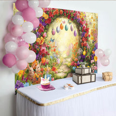 Lofaris Toile de fond de Pâques avec arche fleurie lapins et œufs colorés, magnifique décor de jardin printanier pour photographie