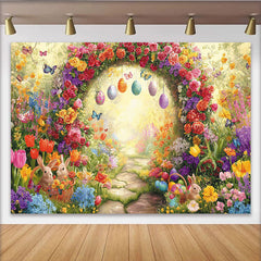 Lofaris Toile de fond de Pâques avec arche fleurie lapins et œufs colorés, magnifique décor de jardin printanier pour photographie