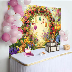 Lofaris Toile de fond de Pâques avec arche fleurie, lapins et œufs colorés, magnifique décor printanier pour studio photo