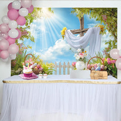 Lofaris Toile de fond pour Pâques avec croix drapée de blanc et œufs colorés, magnifique décor de printemps pour studio photo