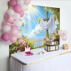 Lofaris Toile de fond pour Pâques avec croix drapée de blanc et œufs colorés, magnifique décor de printemps pour studio photo