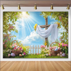 Lofaris Toile de fond pour Pâques avec croix drapée de blanc et œufs colorés, magnifique décor de printemps pour studio photo
