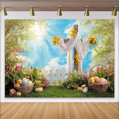 Lofaris Toile de fond de Pâques printanière avec croix en bois et œufs, magnifique décor de jardin fleuri pour séance photo