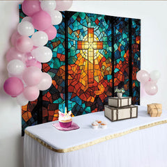 Lofaris Toile de fond de photographie vitrail coloré avec croix lumineuse, arrière-plan artistique pour studio et événements