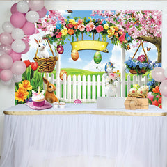 Lofaris Toile de fond de Pâques printanière avec lapins et œufs colorés, magnifique décor de fête pour séance photo