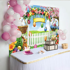 Lofaris Toile de fond de Pâques printanière avec lapins et œufs colorés, magnifique décor de fête pour séance photo