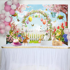 Lofaris Toile de fond de Pâques printanière avec lapins et œufs colorés, magnifique décor de jardin fleuri pour studio photo