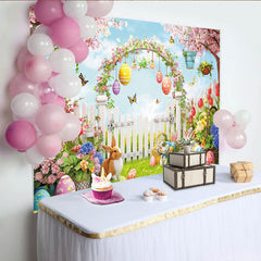 Lofaris Toile de fond de Pâques printanière avec lapins et œufs colorés, magnifique décor de jardin fleuri pour studio photo