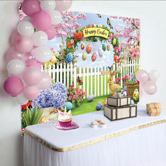 Lofaris Toile de fond de Pâques joyeuse avec lapin et œufs colorés, magnifique décor printanier pour célébration et séance photo