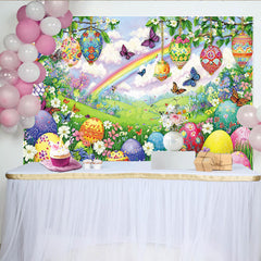 Lofaris Toile de fond de Pâques printanière avec œufs et papillons, magnifique décor de printemps avec arc-en-ciel pour séance photo