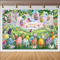 Lofaris, Toile de fond de Pâques avec œufs colorés et papillons, arrière-plan printanier et arc-en-ciel pour studio photo
