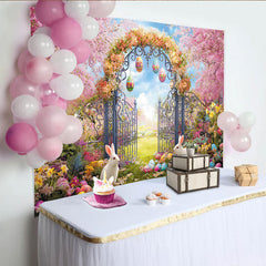 Lofaris Toile de fond de Pâques jardin fleuri avec lapins et œufs colorés, arrière-plan printanier enchanteur pour studio photo