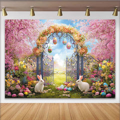 Lofaris Toile de fond de Pâques jardin fleuri avec lapins et œufs colorés, arrière-plan printanier enchanteur pour studio photo