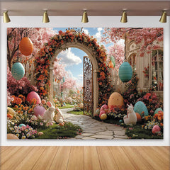 Lofaris Toile de fond de Pâques jardin fleuri avec arche et lapins, décor de printemps avec œufs colorés pour studio photo