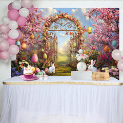 Lofaris Toile de fond de Pâques printanière avec lapins blancs et œufs colorés, magnifique décor de jardin fleuri pour séance photo