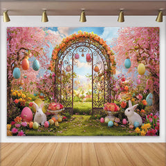 Lofaris: Toile de fond de Pâques jardin fleuri avec lapins et œufs colorés, magnifique arrière-plan printanier pour studio photo et fête