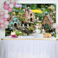 Lofaris Toile de fond de Pâques féerique avec lapins et œufs colorés, magnifique arrière-plan de jardin printanier pour photo