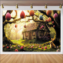 Lofaris Toile de fond de Pâques féerique avec œufs colorés et lapin, magnifique décor printanier pour studio photo et fête