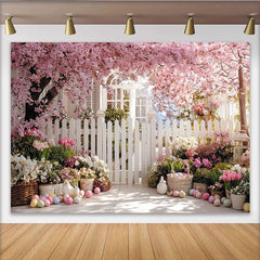 Lofaris Toile de fond de Pâques printanière avec fleurs roses et œufs, magnifique arrière-plan de printemps pour studio photo et fête