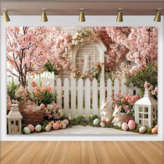 Lofaris Jardin printanier avec lapins et œufs pastel, toile de fond de Pâques, magnifique arrière-plan floral pour photographie de printemps