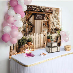 Lofaris Toile de fond de Pâques rustique avec arche en bois, œufs et lapins, magnifique décor printanier pour studio photo et fête de famille