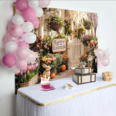 Lofaris Toile de fond de Pâques joyeuse avec lapin et fleurs printanières, magnifique décor de jardin pour séance photo de printemps